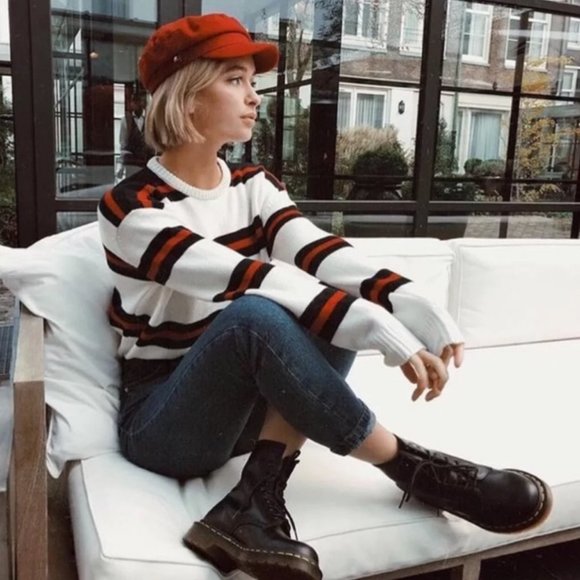 Brandy Melville Sweaters - Brandy Melville Striped Bernadette Sweater Crew Neck White Navy Red Knit Top OS